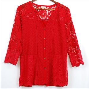 Red Lucky Brand Lace Button Down Top Size Large
